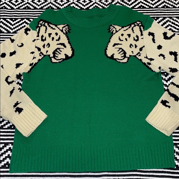 Unbranded Sweaters - Green Leopard Sleeve Pullover Crew Neck Sweater